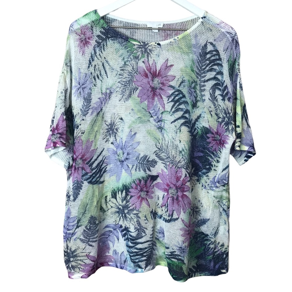 J Jill Mesh Tropical Floral Short Sleeve Linen Blend Top Wo…